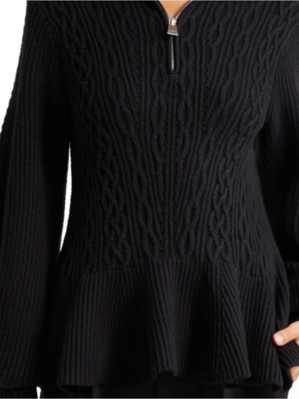 Women’s Black Cable-Knit V-Neck Peplum Sweater with Zip